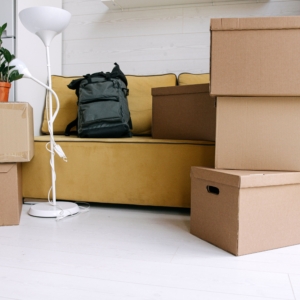pexels-photo-8962864-8962864 Cardboard boxes and a backpack in a cozy living room signify moving day excitement.